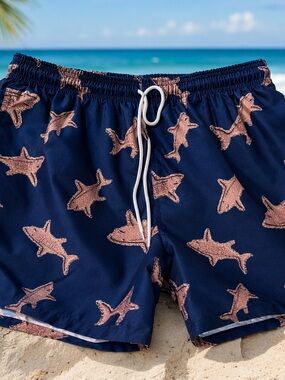 Uzzi Shark Print Swim Trunks Men’s Size Large Navy Blue Surf Beach Shorts